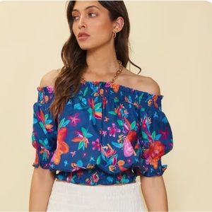 NWT Skies are Blue Aquatic Floral Off Shoulder 3/4 Sleeve Elastic Waist Size L
